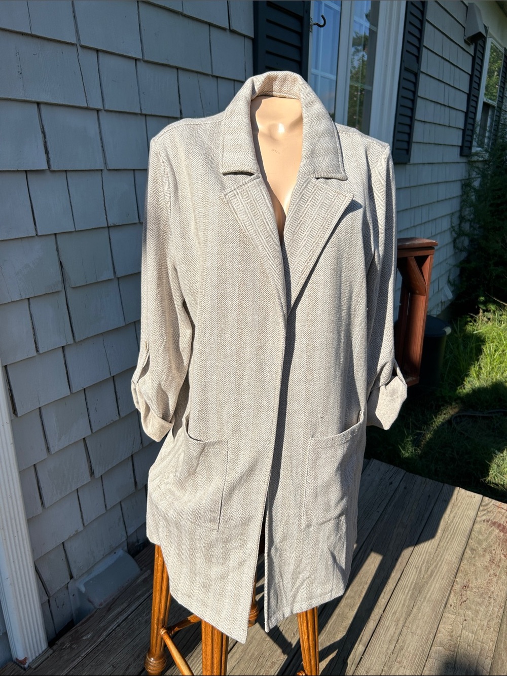 Hem + Thread Women's Light Beige Open-Front Long Blazer Jacket- Lg- Fall-